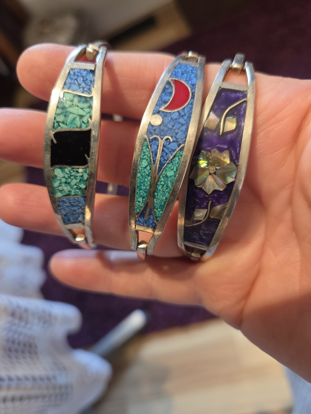 Sterling Silver Filled  Blue and Teal Inlay Bangle Bracelet - Picture 11 of 16